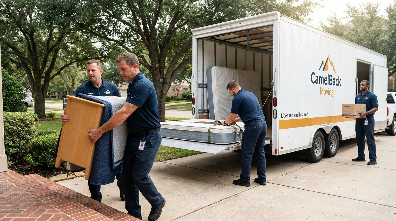 Crew loading residential truck for cross-state move from Troup, TX