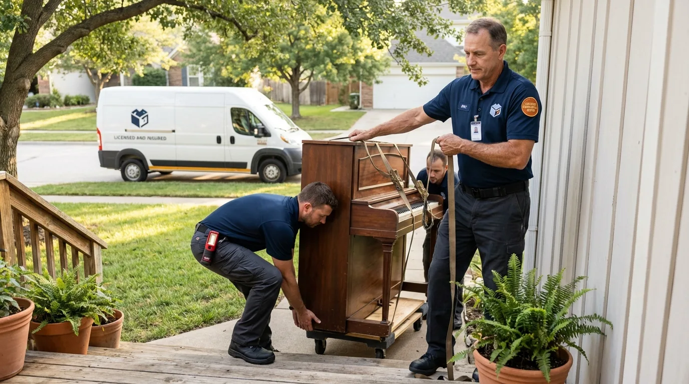 Licensed piano movers securing grand piano in Troup, TX