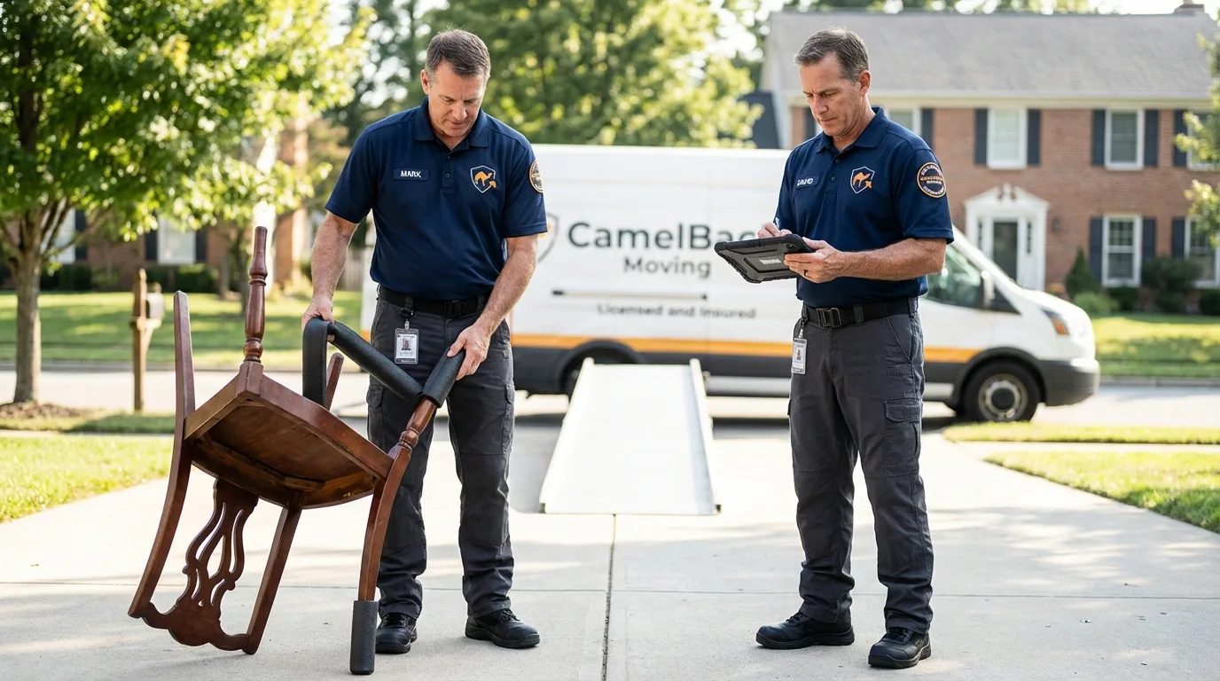 Movers inspecting furniture for damage prevention before loading in Troup, TX